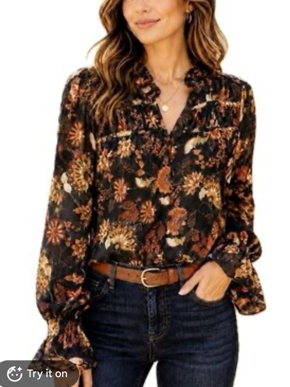 Evereve Black Floral Ruffle V-Neck Blouse